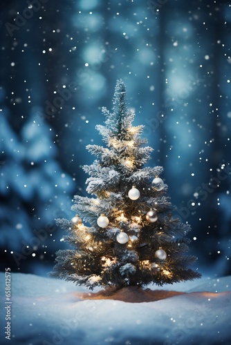 Christmas tree in winter forest. Christmas and New Year holidays background. © Pamarac