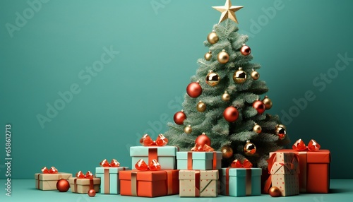 Christmas tree with presents and golden star. 3D rendering. Festive background.