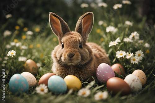 easter bunny sitting in the grass with white and yellow daisies flowers and easter egg around him