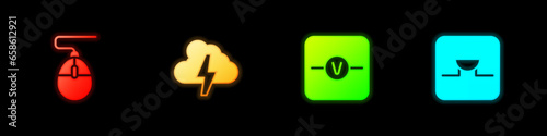 Set Computer mouse, Cloud and lightning, Voltmeter and Buzzer electronic circuit icon. Vector