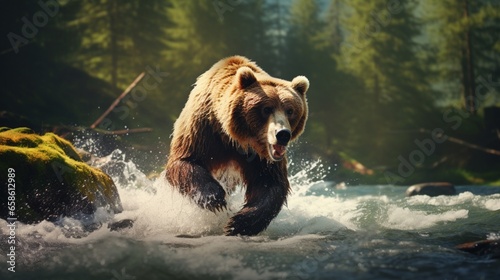 a digital artwork of a majestic grizzly bear fishing for salmon in a rushing forest river photo