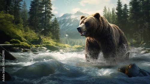a digital artwork of a majestic grizzly bear fishing for salmon in a rushing forest river photo