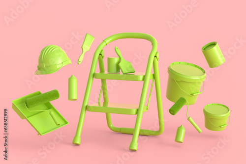Set of folding ladder, bucket, helmet with paint rollers and brushes
