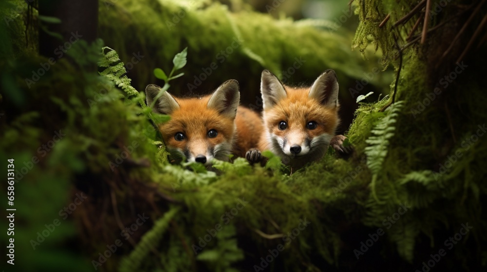 Fototapeta premium A family of red foxes playing a game of hide and seek among the ferns