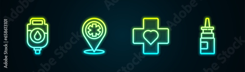 Set line IV bag, Map pointer with cross hospital, Heart and Bottle nasal spray. Glowing neon icon. Vector