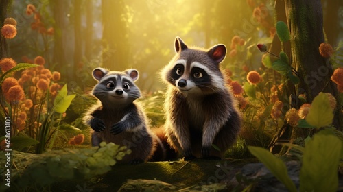 a forest clearing with a pair of inquisitive raccoons exploring a sunlit glade