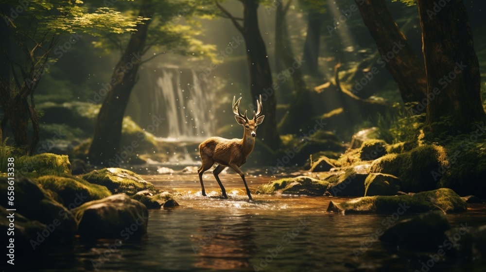 a graceful deer leaping over a babbling brook in a sun-dappled forest