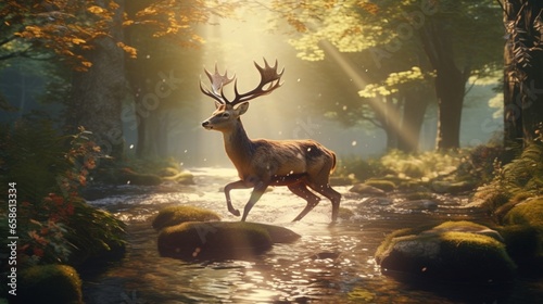 a graceful deer leaping over a babbling brook in a sun-dappled forest © Aqib