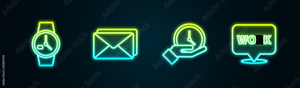Set line Wrist watch, Envelope, Clock and Location with text work. Glowing neon icon. Vector Set line Wrist watch, Envelope, Clock and Location with text work. Glowing neon icon. Vector