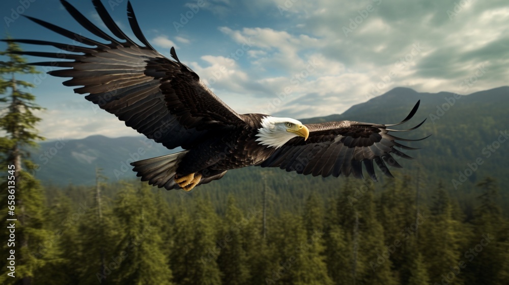 A magnificent bald eagle soaring high above the forest canopy A magnificent bald eagle soaring high above the forest canopy