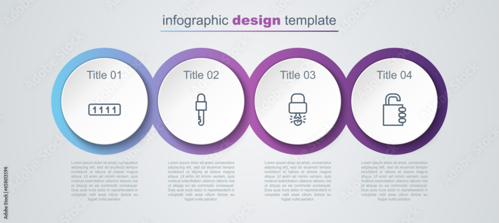 Set line Password protection, Locked key, Key broke inside of padlock and Safe combination. Business infographic template. Vector Set line Password protection, Locked key, Key broke inside of padlock and Safe combination. Business infographic template. Vector