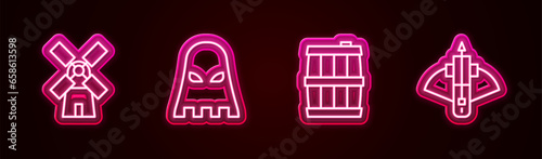 Set line Windmill, Executioner mask, Wooden barrel and Battle crossbow with arrow. Glowing neon icon. Vector