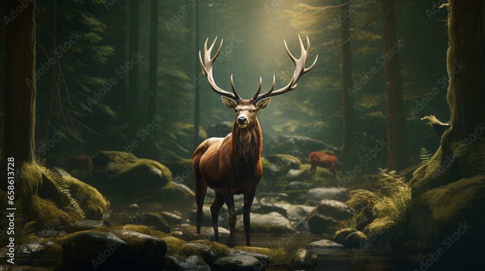 Fototapeta premium a majestic elk with impressive antlers grazing in a serene forest glen