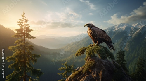 a majestic eagle perched atop a towering pine tree in a wilderness setting