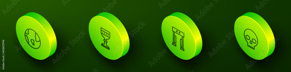 Set Isometric line Earth globe, Medieval goblet, Metal detector and Human skull icon. Vector Set Isometric line Earth globe, Medieval goblet, Metal detector and Human skull icon. Vector