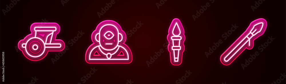 Obraz premium Set line Ancient chariot, Cyclops, Torch flame and Medieval spear. Glowing neon icon. Vector