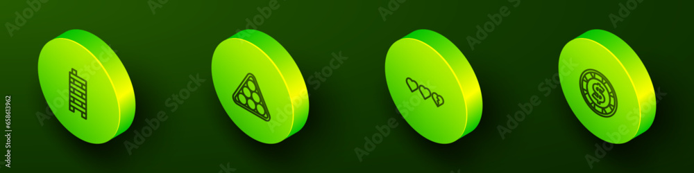 Set Isometric line Mahjong pieces, Billiard balls in triangle, Hearts for game and Casino chip with dollar icon. Vector Set Isometric line Mahjong pieces, Billiard balls in triangle, Hearts for game and Casino chip with dollar icon. Vector
