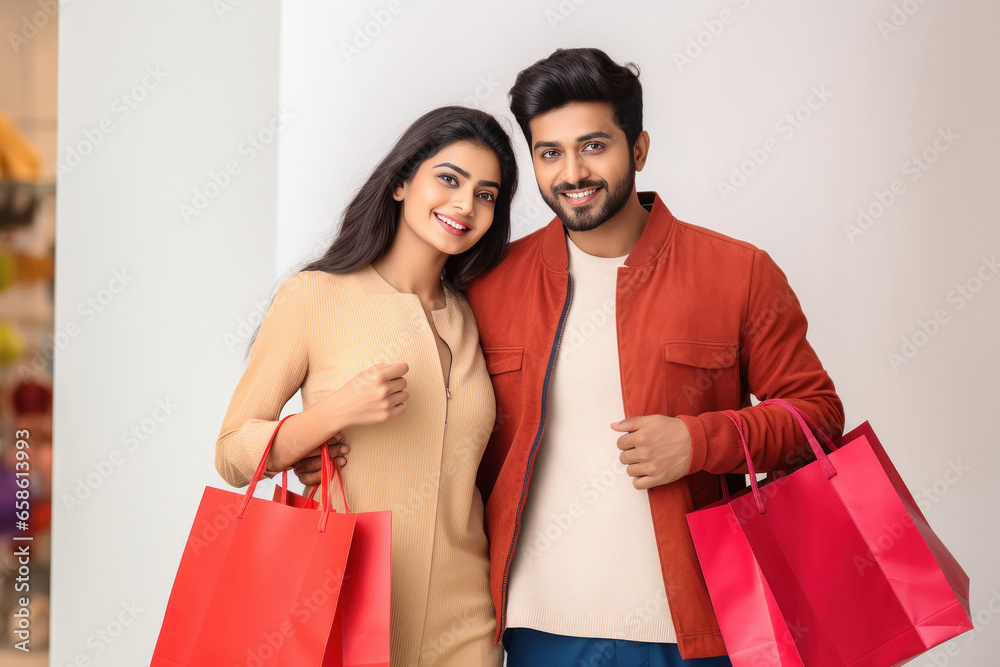Young Indian couple holding shopping bags and expressing happiness