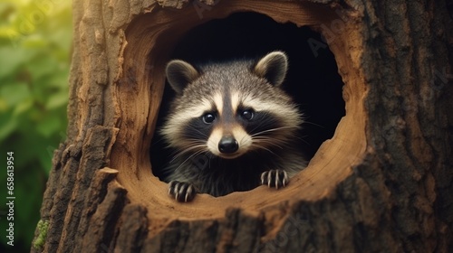 a mischievous raccoon peeking out of a hollow tree trunk