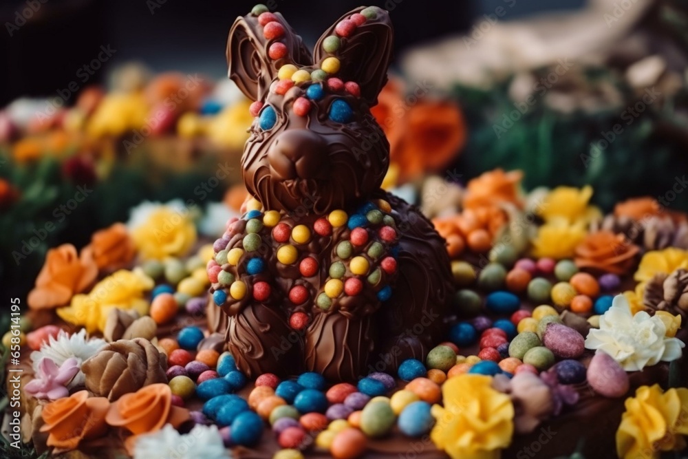 Bunny made of chocolate surrounded by colorful flowers. Generative AI