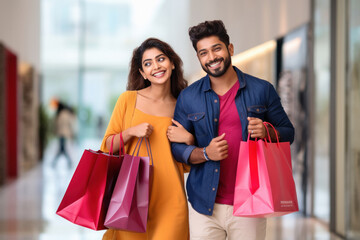 Young Indian couple holding shopping bags and expressing happiness