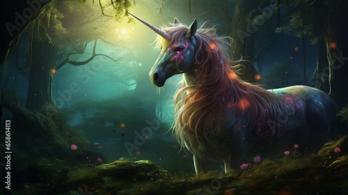 a mystical forest with a mystical creature resembling a unicorn hidden among the trees © Aqib