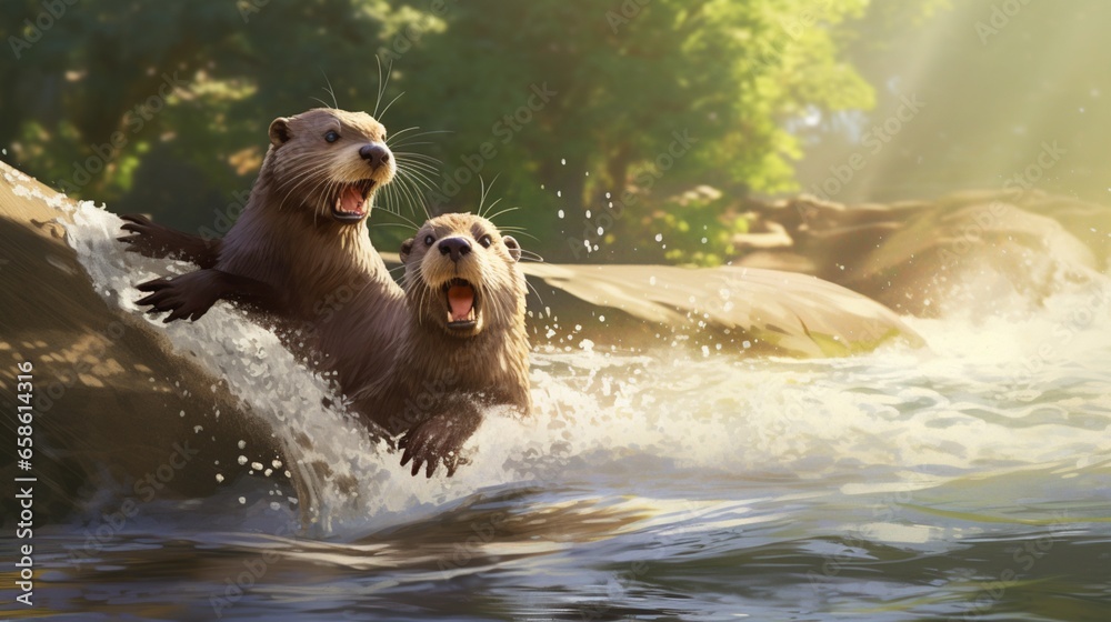 Naklejka premium a pair of playful river otters chasing each other through a sun-dappled stream