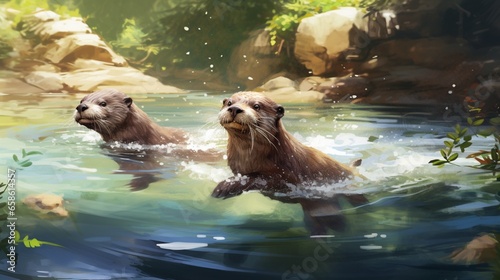 a pair of playful river otters chasing each other through a sun-dappled stream © Aqib