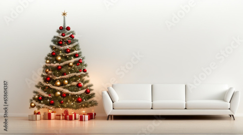 Weihnachtliche Scene mit weissem Sofa und Weihnachtsbaum, KI, Textfreiraum