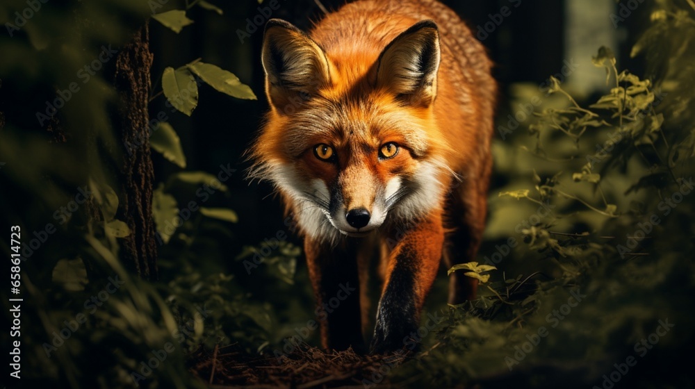 A stealthy fox, its eyes gleaming with intelligence, stalking its prey A stealthy fox, its eyes gleaming with intelligence, stalking its prey