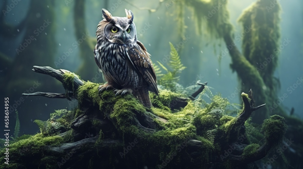 a wise old owl perched on a mossy tree stump in a misty forest a wise old owl perched on a mossy tree stump in a misty forest