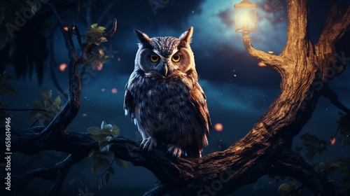 a wise old owl perched on a moonlit branch, surrounded by fireflies © Aqib
