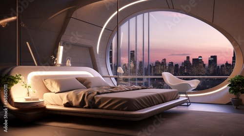 A futuristic bedroom with a blank frame that integrates with the smart home.