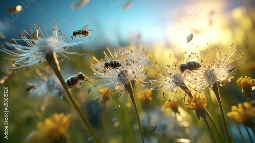 Close-up shots of industrious ants marching along a stem of a blooming dandelion  foraging for sustenance  as a pair of swallows swoop and dive  snatching fish from a glistening pond