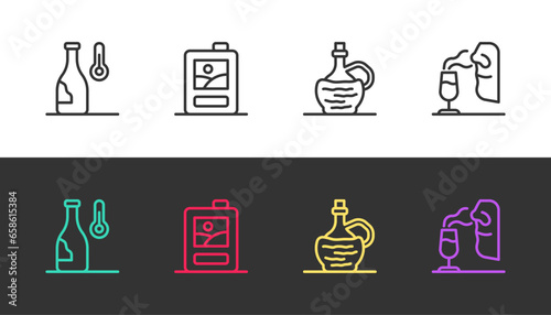 Set line Wine temperature, Cardboard box of wine, italian fiasco bottle and Sommelier on black and white. Vector