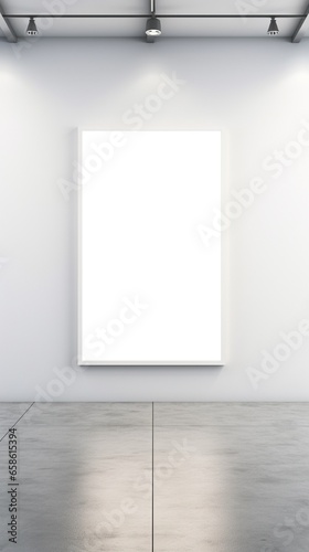 A high-quality wall frame mockup showcasing an empty frame in a contemporary art gallery with pristine white walls and spotlights.