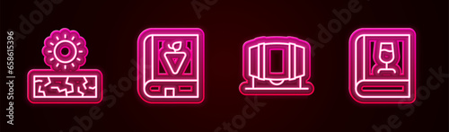 Set line Drought, Book about grapes, Wooden barrel for wine and . Glowing neon icon. Vector