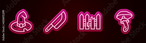 Set line Witch hat, Knife, Garden fence wooden and Psilocybin mushroom. Glowing neon icon. Vector