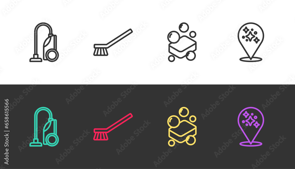 Set line Vacuum cleaner, Brush for cleaning, Bar of soap and Home service on black and white. Vector Set line Vacuum cleaner, Brush for cleaning, Bar of soap and Home service on black and white. Vector