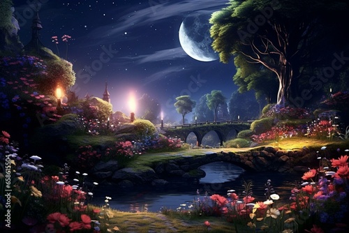 A tranquil night scene with a crescent moon  twinkling stars  and blooming flowers. Generative AI