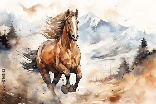 Fototapeta Horse galloping in mountain illustration with watercolor style
