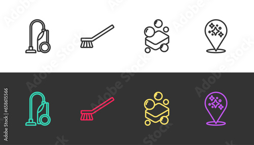 Set line Vacuum cleaner, Brush for cleaning, Bar of soap and Home service on black and white. Vector