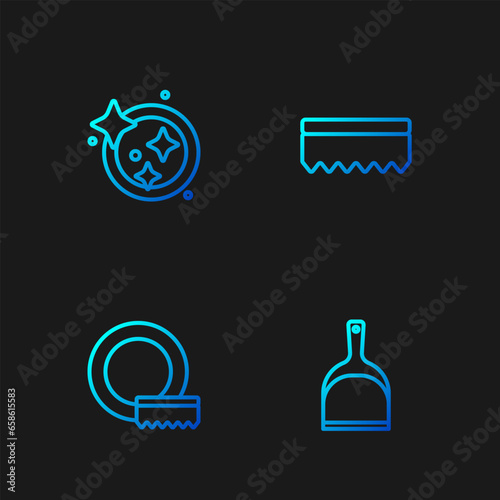 Set line Dustpan, Washing dishes, and Sponge. Gradient color icons. Vector