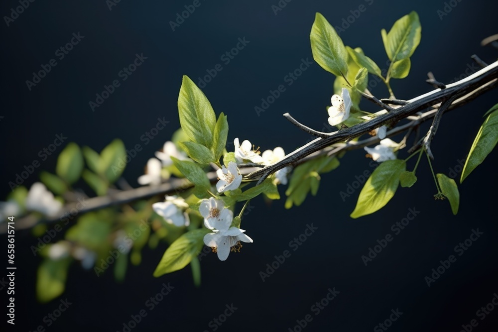 A picture of a branch with white flowers and green leaves. Suitable for nature-themed designs and springtime concepts. A picture of a branch with white flowers and green leaves. Suitable for nature-themed designs and springtime concepts.