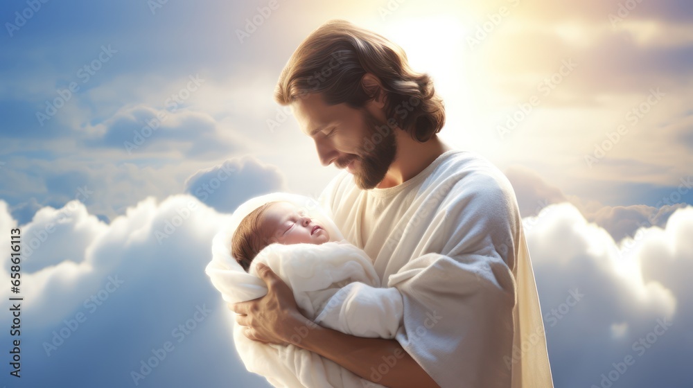 Jesus holding the baby new born in the sky  - obrazy, fototapety, plakaty 