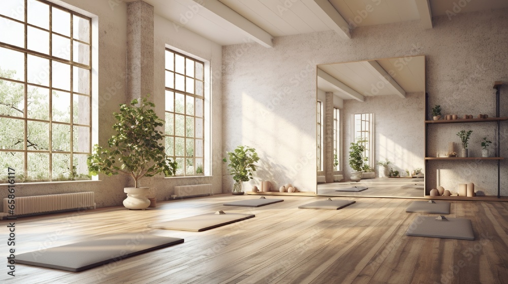 A serene yoga studio with empty frames, promoting mindfulness and creativity. A serene yoga studio with empty frames, promoting mindfulness and creativity.