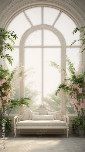 A serene garden room with an empty frame mockup  inviting you to enjoy the peaceful ambiance.