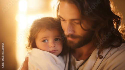 A man as Jesus holding the baby girl 