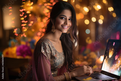 Young indian woman using laptop on diwali festival nights.