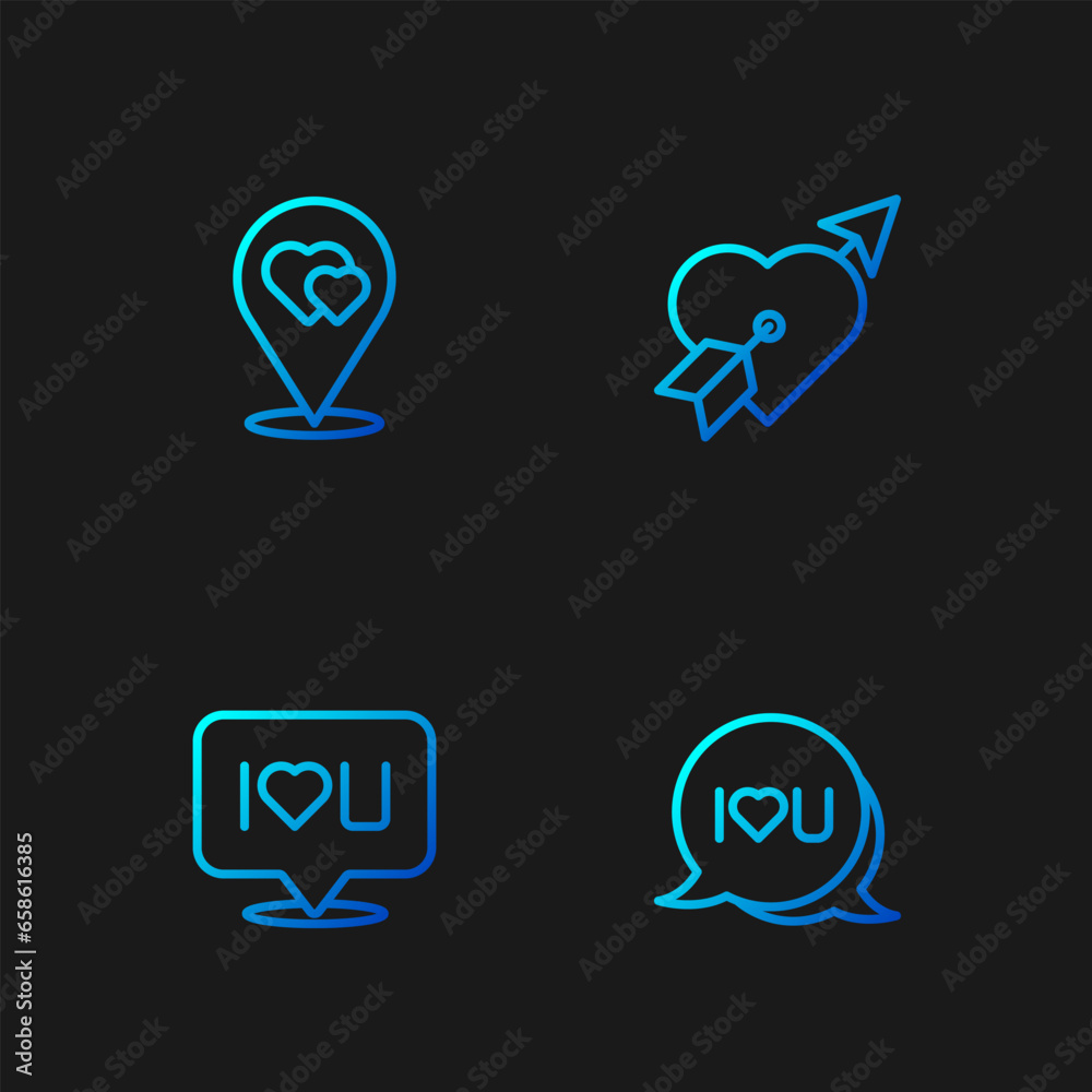 Set line Speech bubble text I love you, Location with heart and Amour and arrow. Gradient color icons. Vector